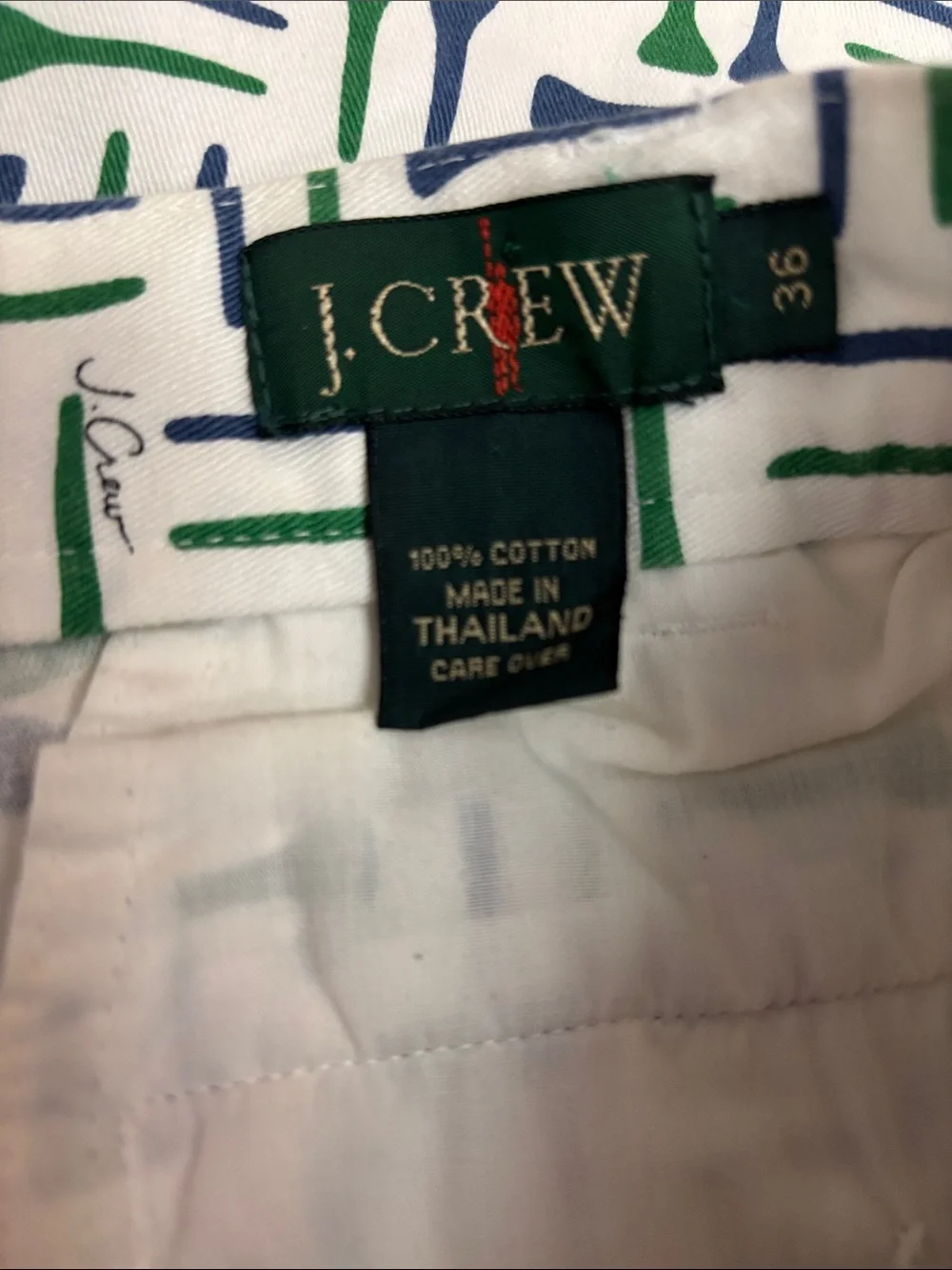 J. Crew White Shorts with Green & Navy Geometric Print